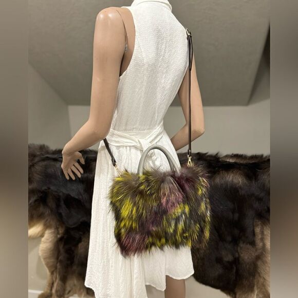 Colorful Handmade Luxury Real Fox Fur Top Handles Satchel Bag/Crossbody - Picture 11 of 16